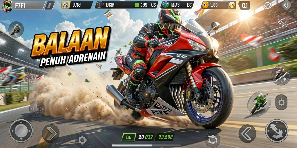 Gameplay F7F7 yang intens dan mendebarkan dalam balapan motor.