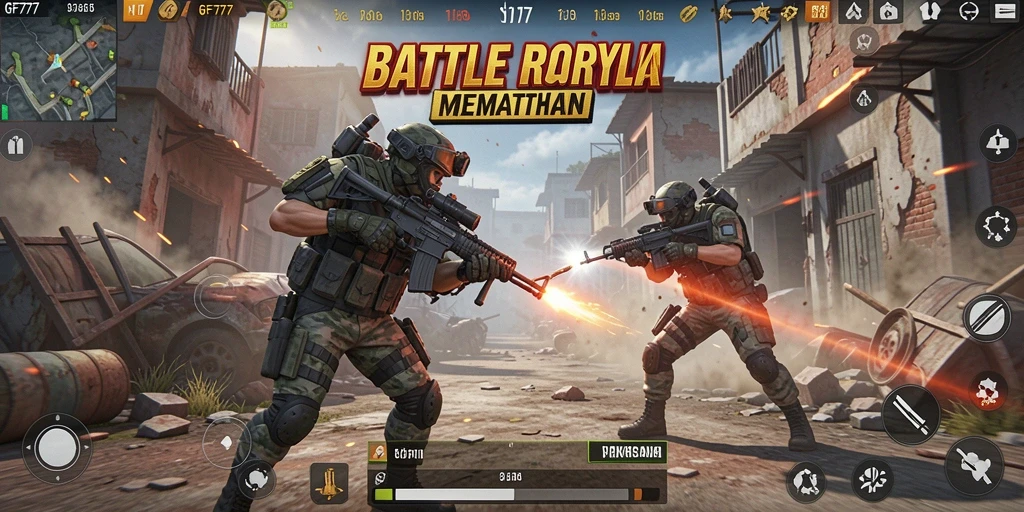 Tangkapan layar menunjukkan aksi mendebarkan dalam Battle Royale GF777.