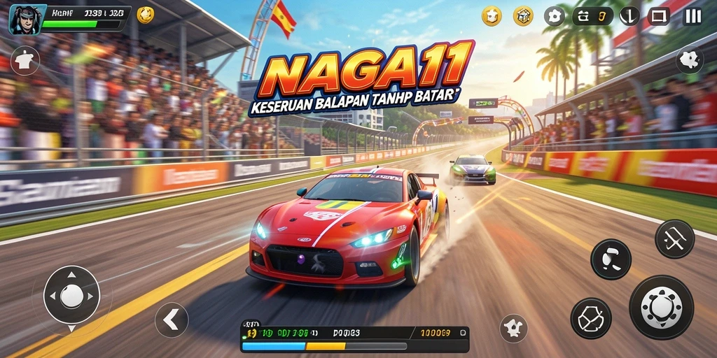 Screenshot gameplay NAGA11 menampilkan akselerasi mobil balap di trek yang menakjubkan.