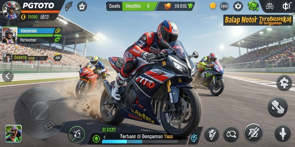 Tampilan gameplay balapan motor yang seru dan penuh aksi.