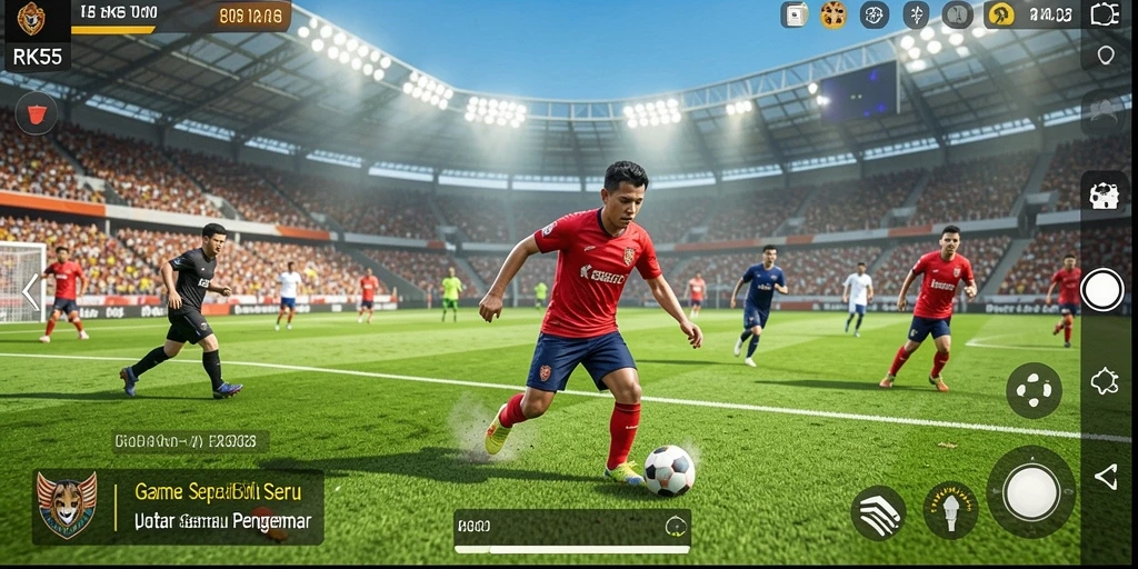 Screenshot utama RK55 menampilkan aksi seru di lapangan sepak bola.