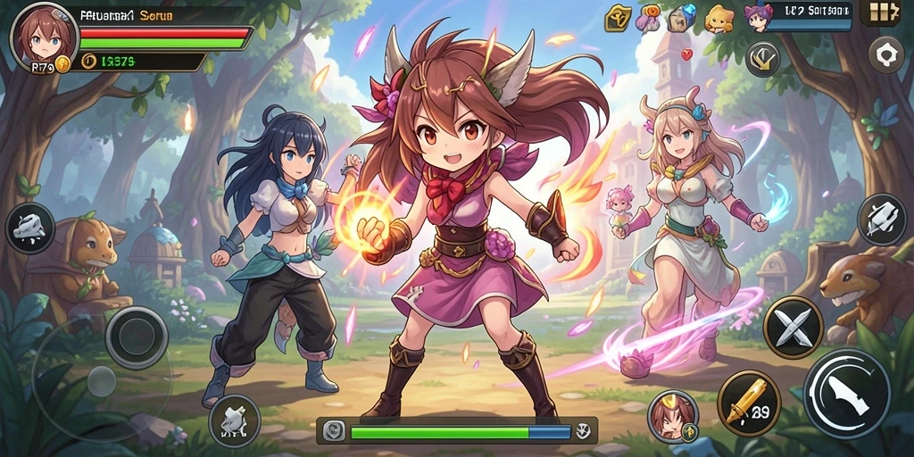 Tampilan gameplay RP79 yang menampilkan aksi seru karakter anime.