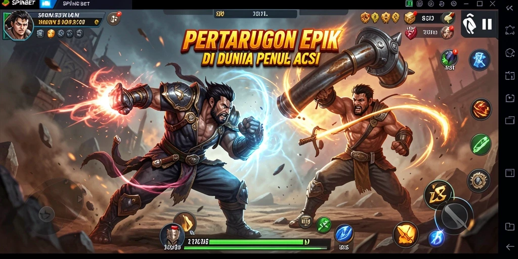 Screenshot utama SPINBET menampilkan karakter bertarung di arena yang dinamis.