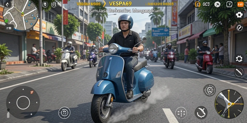 Tampilan gameplay VESPA69 dengan detail berkendara yang realistis.
